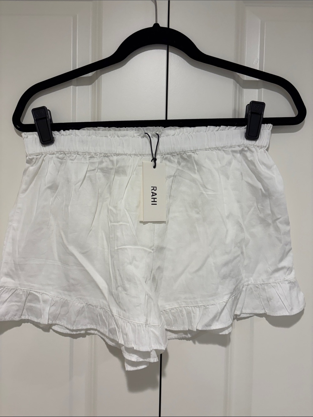 Women's White Ruffle Hem Elastic Waist Shorts by Rahi